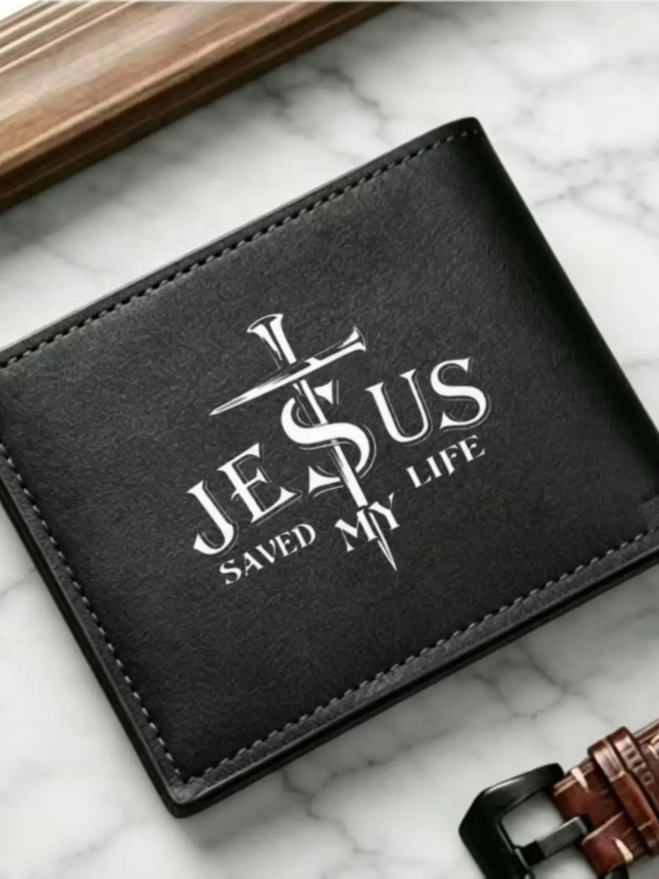 JesusWallet FaithThemed Men's Black Leather Bifold Wallet with "Jesus Saved My Life" Print, Religious & Inspirational Style Card Holder, Durable Faux Leather Purse, Spacious Compartments, Card Slots, Perfect for Believers & Daily Use