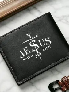 #JesusWallet #FaithThemed | Men's Black Leather Bifold Wallet with "Jesus Saved My Life" Print, Religious & Inspirational Style Card Holder, Durable Faux Leather Purse, Spacious Compartments, Perfect for Believers & Daily Use, Meaningful & Stylish Accesso