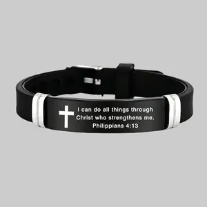 Inspirational Bible Verse Cross Bracelet | Christian Faith Silicone ID Wristband | Stainless Steel & Rubber Adjustable Religious Bracelet for Men & Women | Perfect Religious Gift