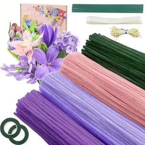 400pcs/set DIY Floral Pipe Cleaner Craft Kit, 4 Mixed-Color Furry Stems for DIY Artificial Rose Flower Making, Diy Flower Decor, Includes Floral Wire, Tape, Stamens and Ribbon, Ideal for Birthdays, Weddings, Graduations and Other Occasions