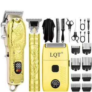 LQT Luxury Golden Dragon Engraved 3-in-1 Men's Grooming Kit, Cordless Hair Clipper with LCD Display, T-Blade Trimmer & Electric Shaver, Complete Rechargeable Barber Set with Scissors, Cape & Full Accessories for Home Salon, Fades, Edges & Beard Shaping