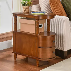Narrow End Side Table with 2 Drawers,Vintage Slim Solid Wood Nightstand,Mid-Century Modern Style Bedside for Bedroom Sofa Chair Side Table for Living Room Slim End Table Retro Vintage Sofa Beside Table,Telephone Tables