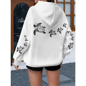 Women’s Plus Size Oversized Hoodie with Sea Turtle Print – Pink & White Casual Pullover Sweatshirt, Kangaroo Pocket & Drawstring Hood, Machine Washable All-Season Comfort, Relaxed Fit Apparel, Soft Fabric Construction