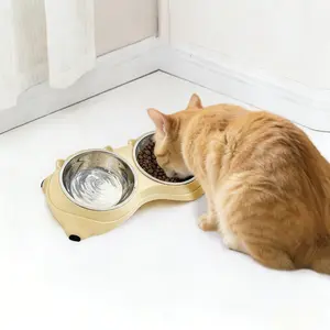 15° Tilted Double Stainless Steel Pet Bowl - Non-Slip Elevated Cat & Dog Food Feeder with Neck Protection