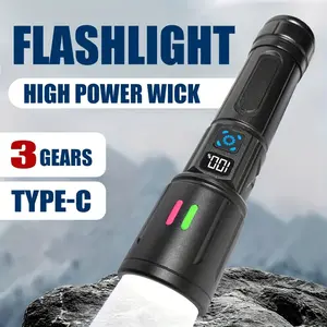 Rechargeable Zoomable Flashlight with Digital Power Display - High Power White Laser Wick Flashlight, 3 Light Modes, Type C Fast Charge, 18650 Compatible, for Camping Hunting Emergency