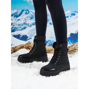 Women's Combat Snow Boots Platform Lace Up Furry Collar Warm Lined Lace-Up Arch Support Comfortable Outdoor Commuter  Black Winter Boots