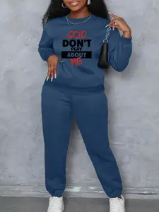 God Don't Play About Me Printed pattern Women's Casual Loose Fit Sporty Set, Round Neck Long Sleeve Pullover & Pants, Comfortable Daily Wear for Sports & Outdoor Activities, Athletic Activewear Tracksuits