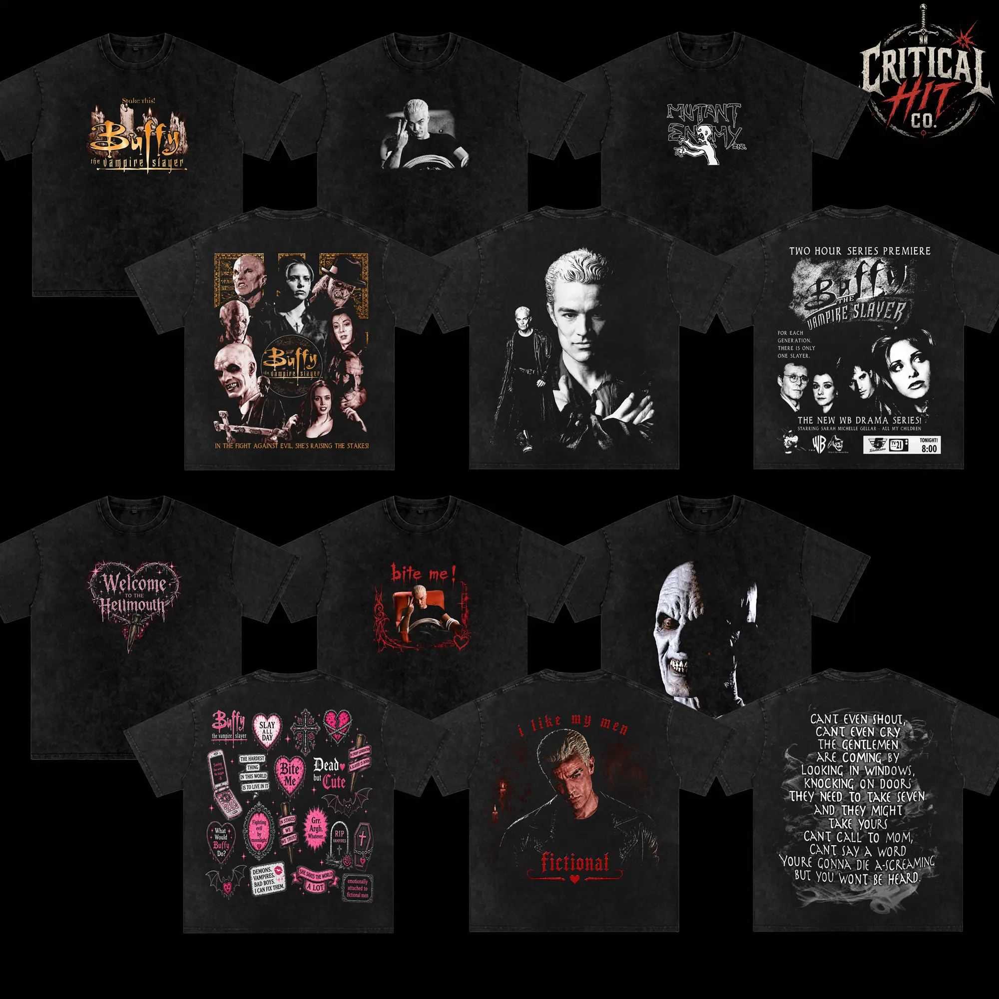 6 Designs Buffy the Vampire Slayer Spike Vintage Washed Oversized T-Shirt, Double Sided Heavyweight Cotton Graphic Tee, Retro 90s TV Series Gothic Horror Shirt, Acid Wash Streetwear, Unisex Buffy Summers & Spike Fan Merch Gift