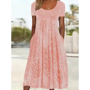 Plus Size, Summer New Arrival Round Neck Pleated Bust Plus Size Dress, Printed Pocket Short Sleeve Plus Size Women's Dress