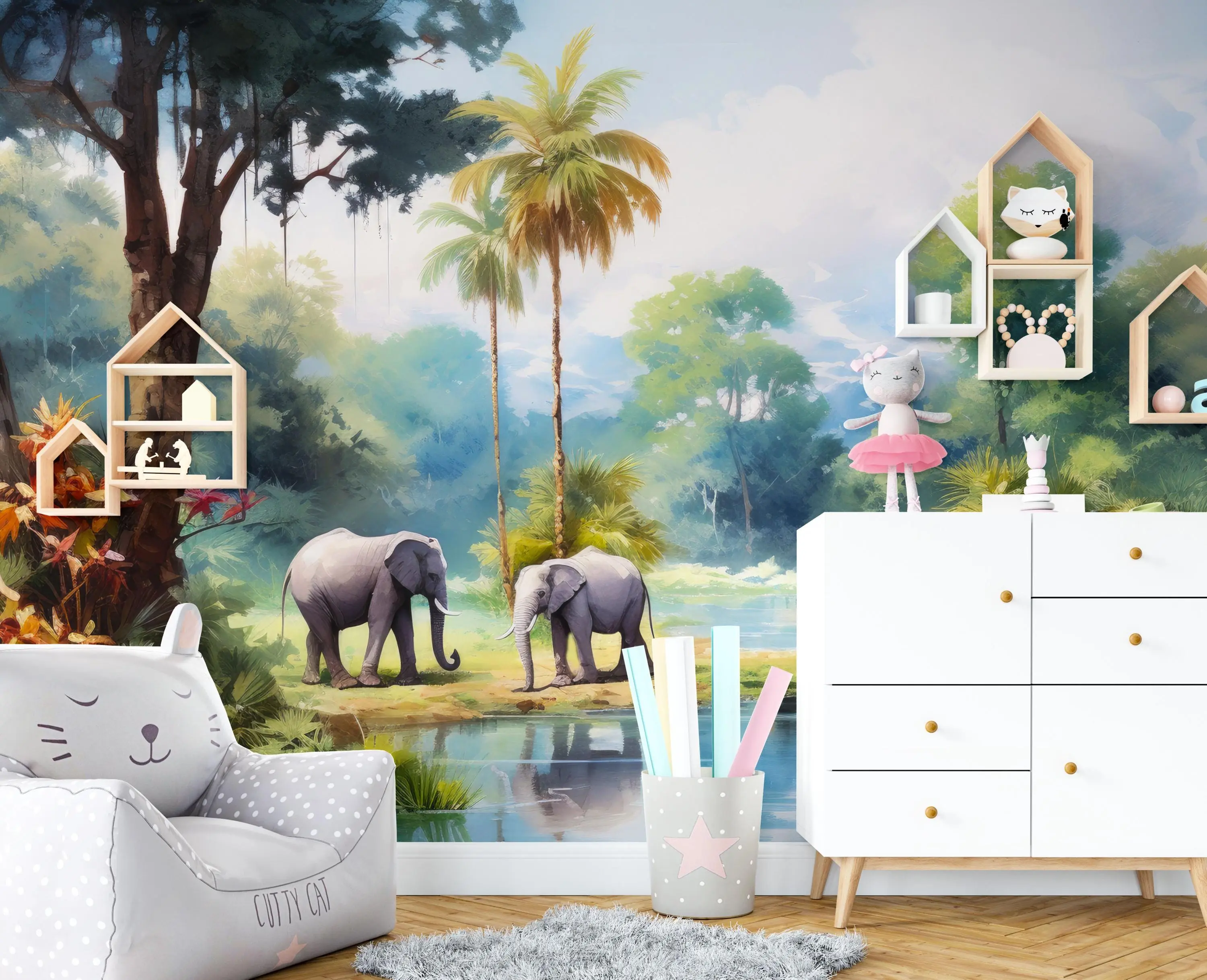 Elephant Jungle Peel and Stick Wallpaper – Watercolor Safari Landscape Mural for Nursery, Kids’ Room, or Boho Jungle-Themed Space