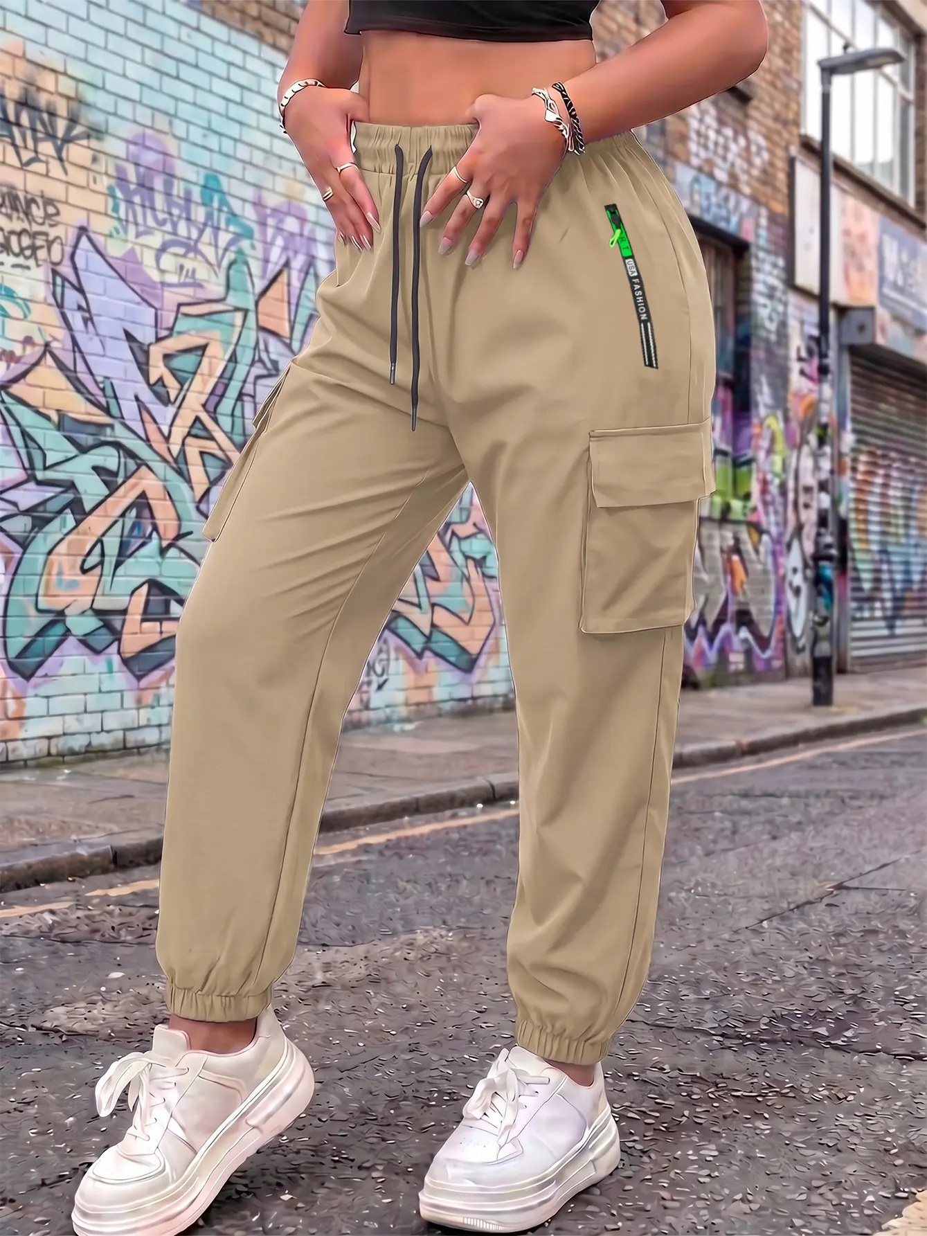 Women's Black Cargo Jogger Pants - Single Pack, Polyester Slim-Fit Long Pants, Zippered & Large Pockets, Elastic Stretch Waistband, Casual Athletic Summer Outdoor/Daily Wear Clothes, Black Joggers