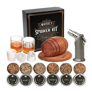 Whiskey Cocktail Smoker Kit with 6 Flavors Wood Chips, 2 Glasses & Ice Ball Molds, Drink Smoke Infuser Set for Old Fashioned, Gift for Men Dad