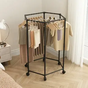 Hexagonal Rotating Clothes Hanger Rack with Wheels, Stable 16mm Metal Tube, Portable Design, Efficient Storage & Display, Garment Racks