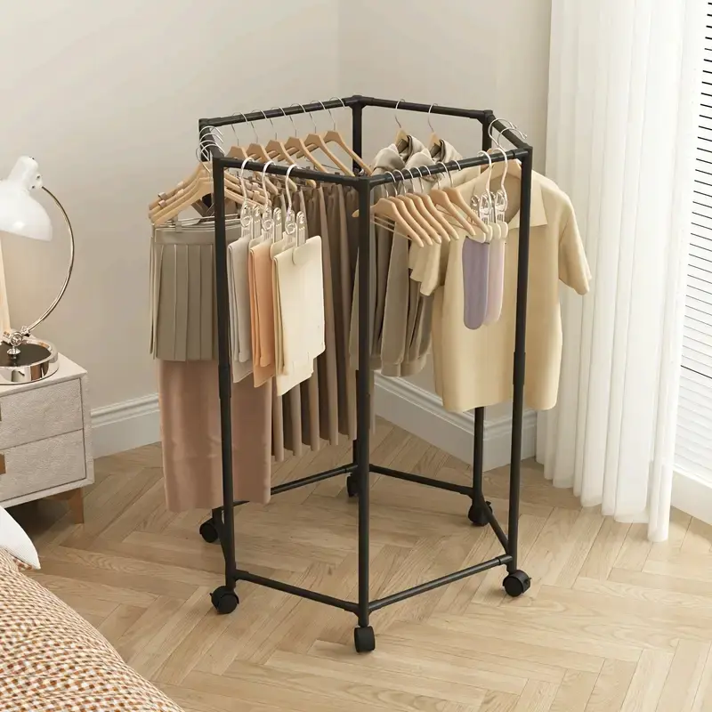Hexagonal Rotating Clothes Hanger Rack with Wheels, Stable 16mm Metal Tube, Durable Sturdy Rack, Portable Design, Efficient Storage & Display, Garment Racks
