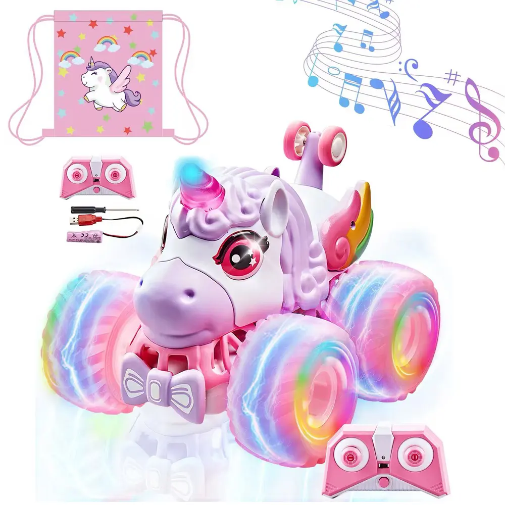 White Horse Stunt Remote Control Car 180-degree rotating light off-road remote control car, boys' and girls' children's toy car, rechargeable 360-degree stunt remote control car, 4WD unicorn remote control car with LED light Rc Crawlers
