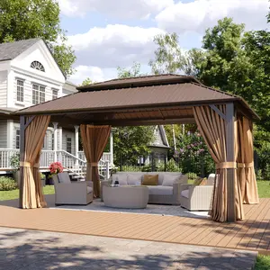 Aoxun Permanent Hardtop Metal Gazebo (12'x10'/14'x10'/16'x12, Brown&Gray) - Galvanized Steel Double Roof, Mosquito-Resistant Netting, Curtains, Patio Canopy, Outdoor Canopy Shelter, Lawn Backyard Decor