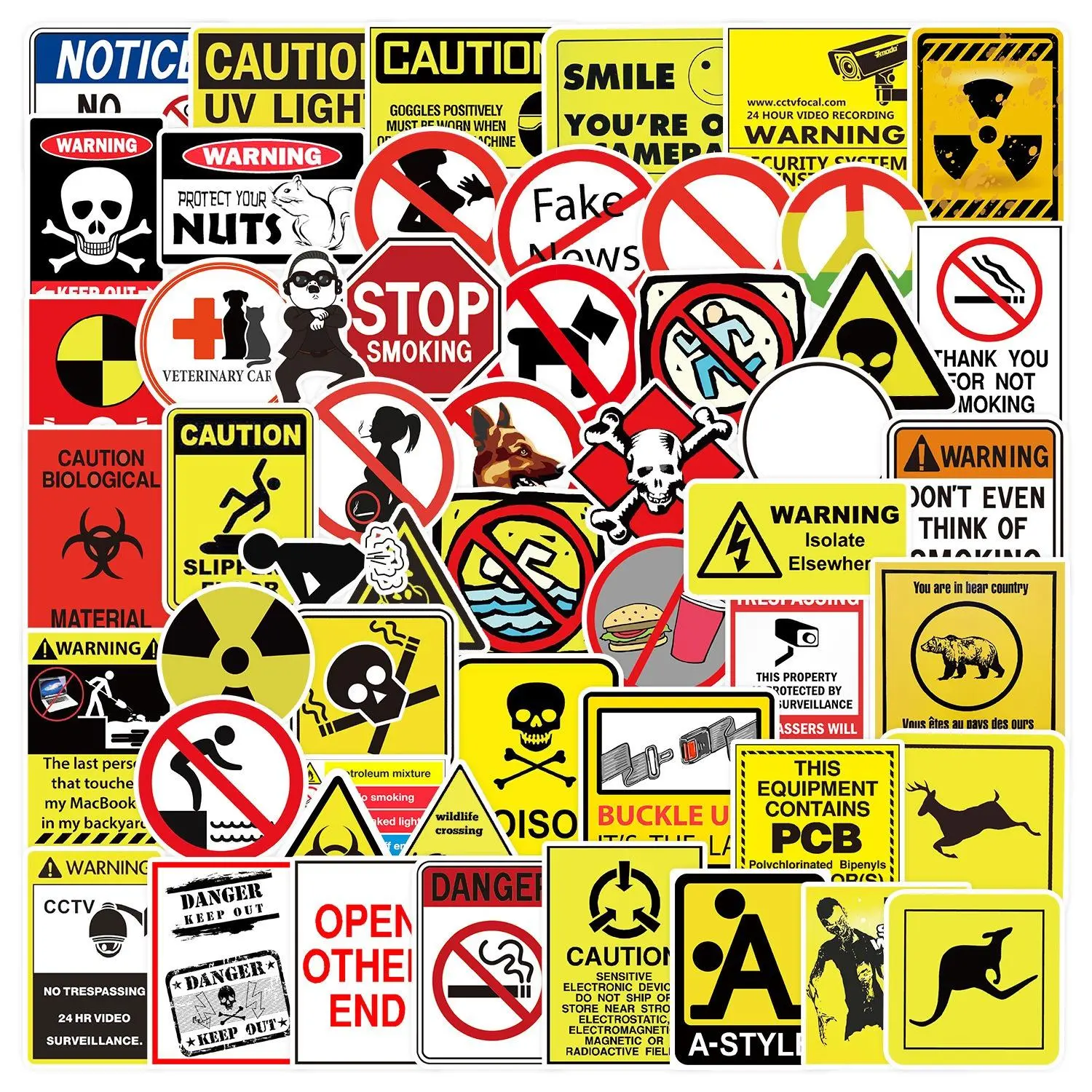 Warning Sign Sticker, 50pcs/set Mixed Color Safety Sign Sticker, Decorative Sticker for Scrapbook, Diary, Notebook, Water Bottle, Car, Decal Set