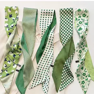 Sage Green Scarf for Women(1 Pack), 35"L x 2.5"W Double-Sided Satin Hair Scarf Tie, Floral Checkerboard Polka Dot Neck Kerchief, Fashion Ribbon for Handbag Handle & Ponytail