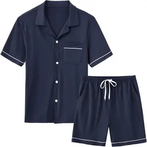 Men's Cotton Pajamas Sets Sleepwear Short Sleeve Button Down Shirt and Pants Loungewear Soft Pjs Lounge Set
