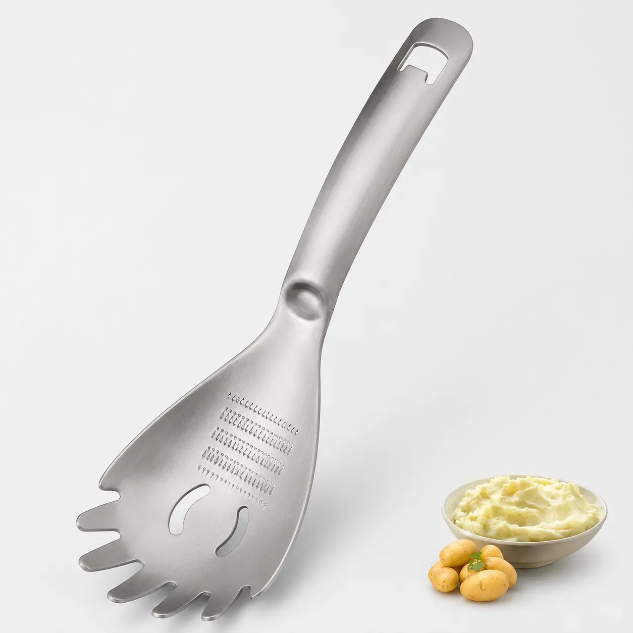 Heavy-duty 304 stainless steel pasta spaghetti spoon with garlic & ginger grater, potato masher, strainer & bottle opener, dishwasher safe