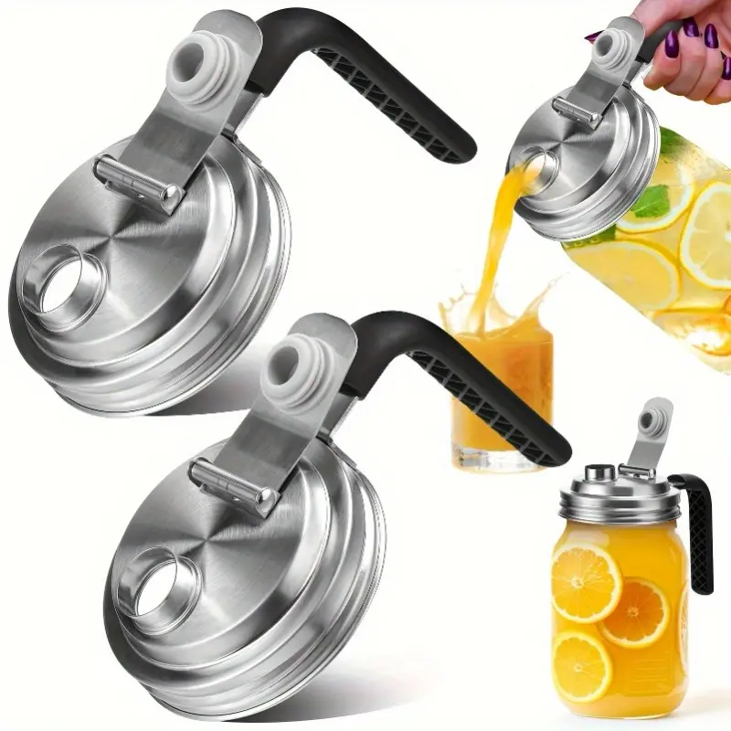 2pcs Mason Jar Lids 304 Stainless Steel, Handle Included, 86mm Flip Top, Kitchen Camping Travel, Fresh Drinks, Reusable Food Storage