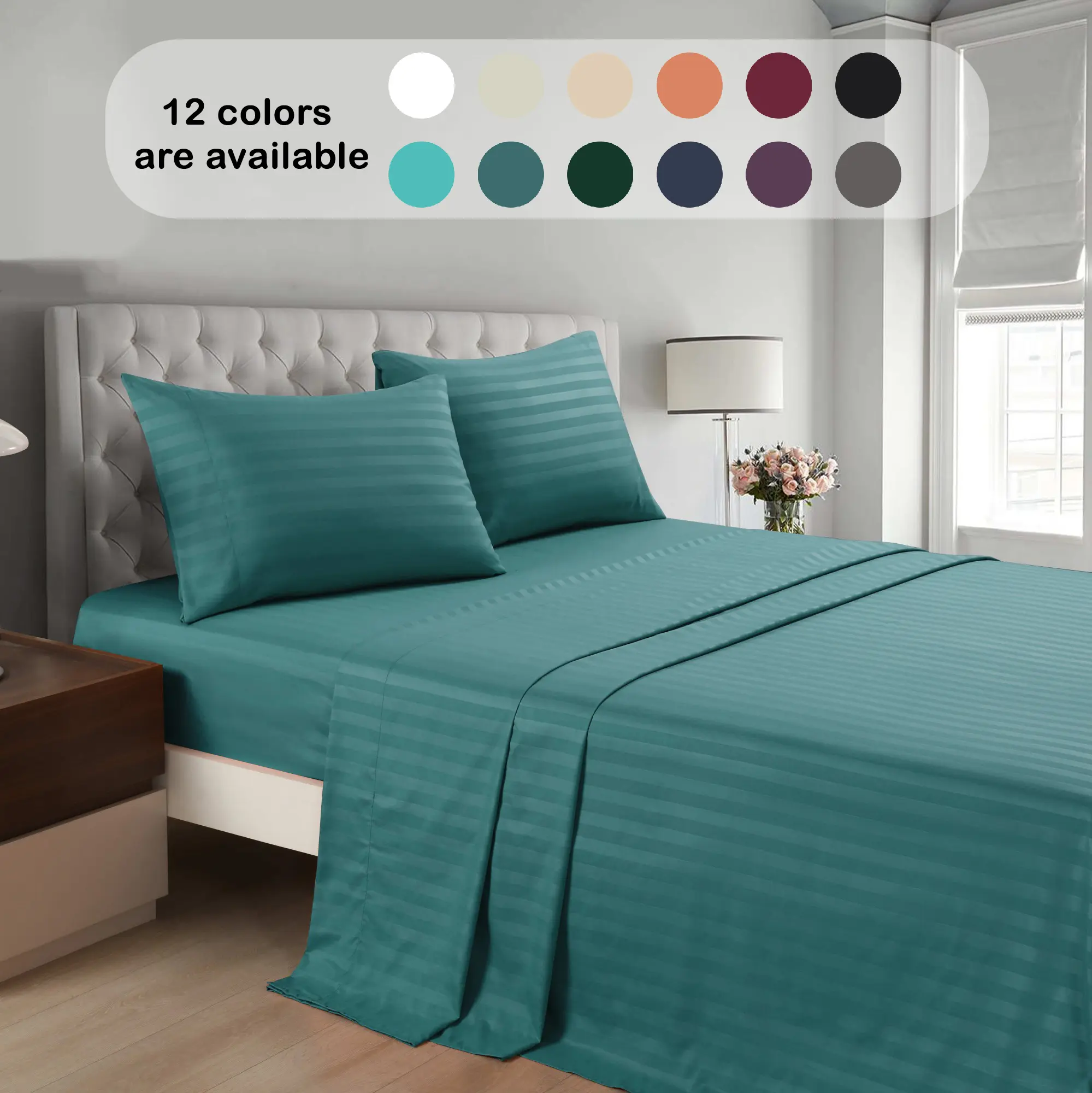 4-Pc Cooling Microfiber Sheets Set - Hotel Style Bedding, Subtle Stripes Add Depth & Calm, Tone-On-Tone Stripe, 18in Deep Pocket Fitted Sheet, Soft Breathable, Durable, Wrinkle Resistant, Multi-Size Pillowcases, Easy-Care for Busy Homes