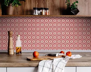 360 stand Square Size Peel-Stick Removable Tiles, 8x8 in. Brick Red & White Scroll Design, Coastal Home Decor for Indoor Use