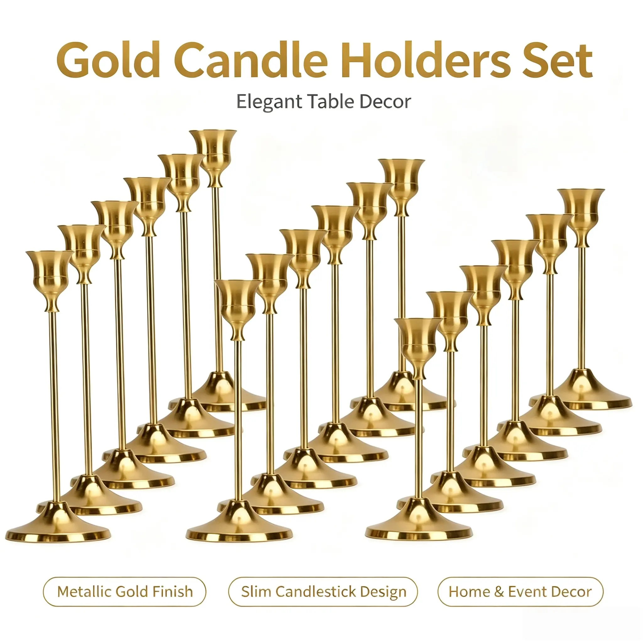 18Pcs Gold Slender Conical Candle Holders Set - Metallic Home Decor Ornaments, Tabletop Accessories, Living Room Centerpieces, Gift Box Included, Candles Not Included