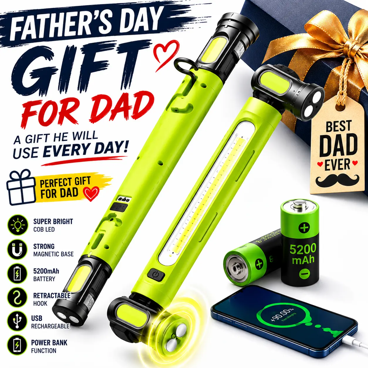 [Fathersdaygift] Work Light/Flashlight 3000LM, Rechargeable Underhood Light 5200mAh with Magnetic Base & Hanging Hook, Practical Light for Car Repair/Garage/Construction Site/Power Outage/Emergencies, Waterproof and Durable LED Lamp, Gift for Man
