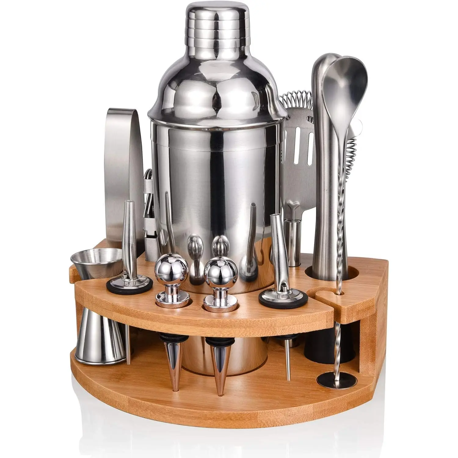 Durable Stainless Steel Cocktail Shaker Set with Stylish Bamboo Stand - Easy to Store Professional Bar Utensils Kit for Mojito, Margarita, Frozen Blue Margarita, Ideal Housewarming Gift, Includes Shaker, Jigger, Strainer, Muddler, Liquor Pourers