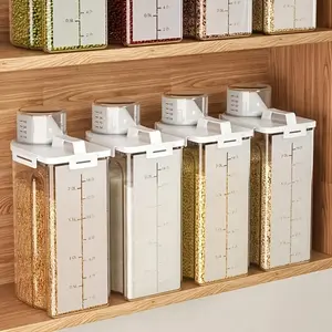 4 Pack Airtight Food Storage Containers with Pour Spout, 5Lbs Transparent Plastic Rice Dispenser with Measuring Scale, Sealed Grain Storage Bins for Flour Snacks Pet Food Kitchen Organization