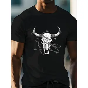 Cotton Short Sleeve  T-Shirt Men'S Large Size Bull Head Print T-Shirt - Casual Polyester Crew Neck T-Shirt, Slightly Elastic, Summer Geometric Fabric T-Shirt - Normal Streetwear Black Graphic tees