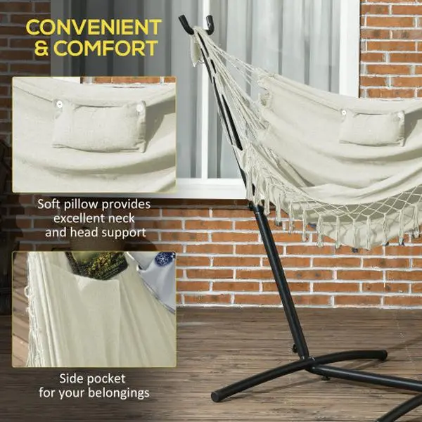 Bellemave Outsunny Cream Outdoor Hammock Chair with Steel Frame Stand, Soft Lounge Swing, Side Pocket, Headrest, Boho Tassel, Swing Chairs & Accessories (Hammock Stand Set)