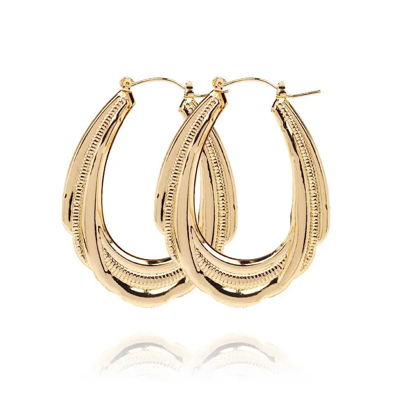 18 Karat Layered Real Gold Filled Oval Bamboo Hoop Earrings, Earrings for Women #39, Earring For Women