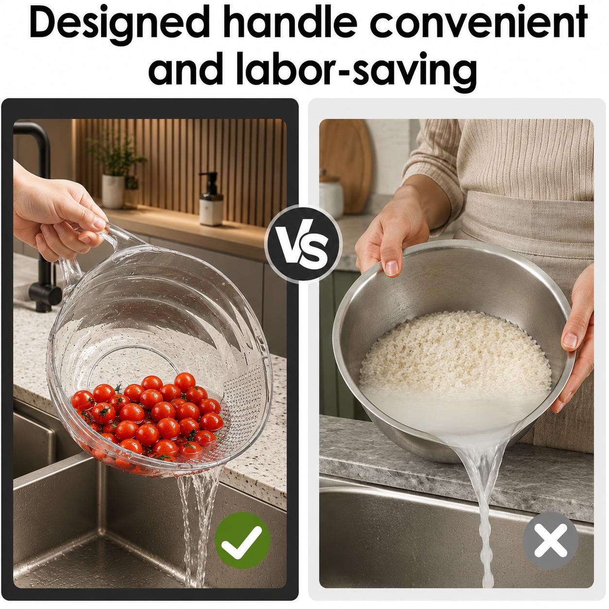 Aesthetic Multifunctional Rice Strainer with Handle - Sturdy BPA-Free Transparent Plastic Kitchen Utensil, Colander for Draining Vegetables, Fruits, Coffee Dispenser Set