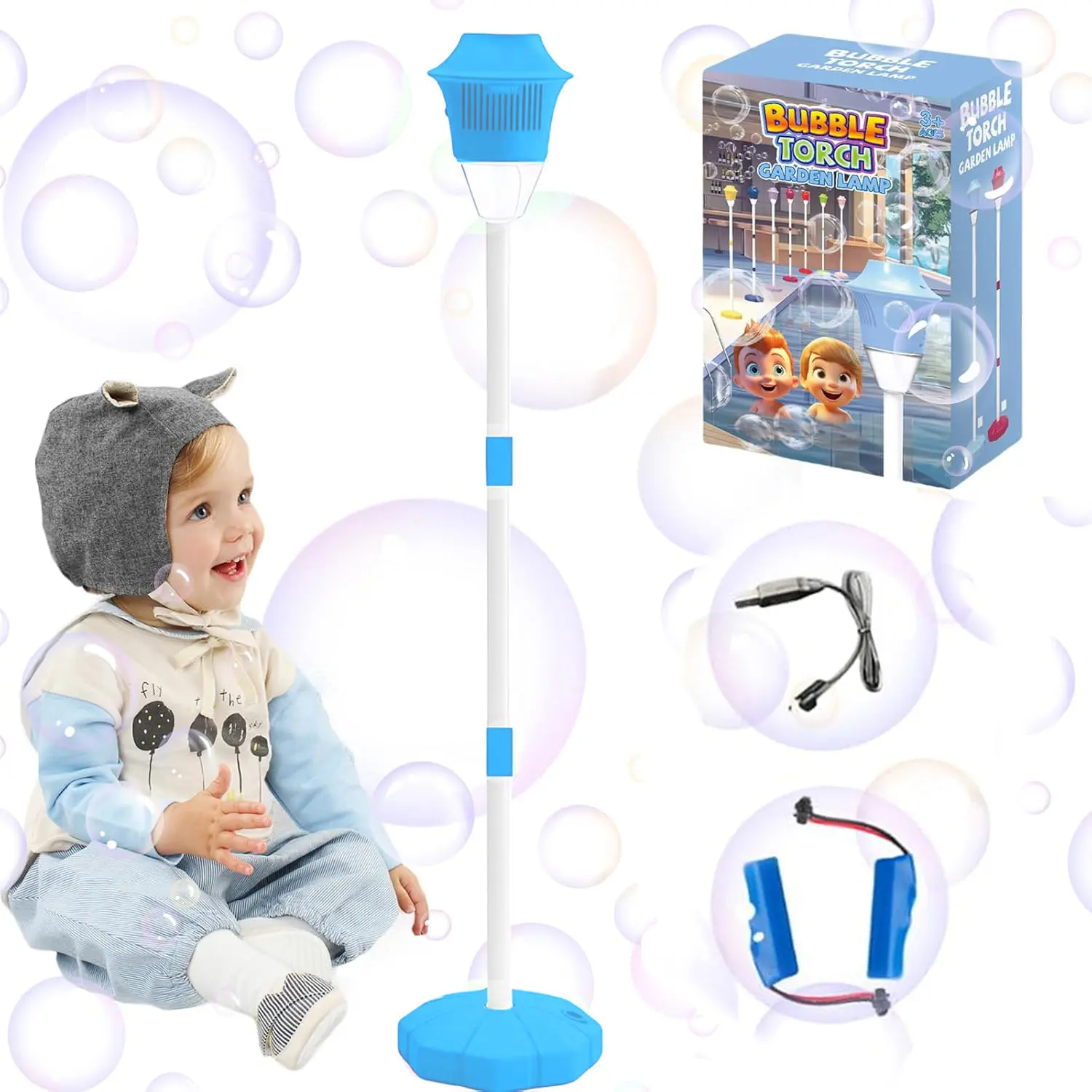 Rechargeable Bubble Machine with Light and Music Bubble Maker Stand Machine for Outdoor, 21-47 Inches Adjustable Bubble Torch, Bubble Machine for Wedding Birthday Outdoor Party