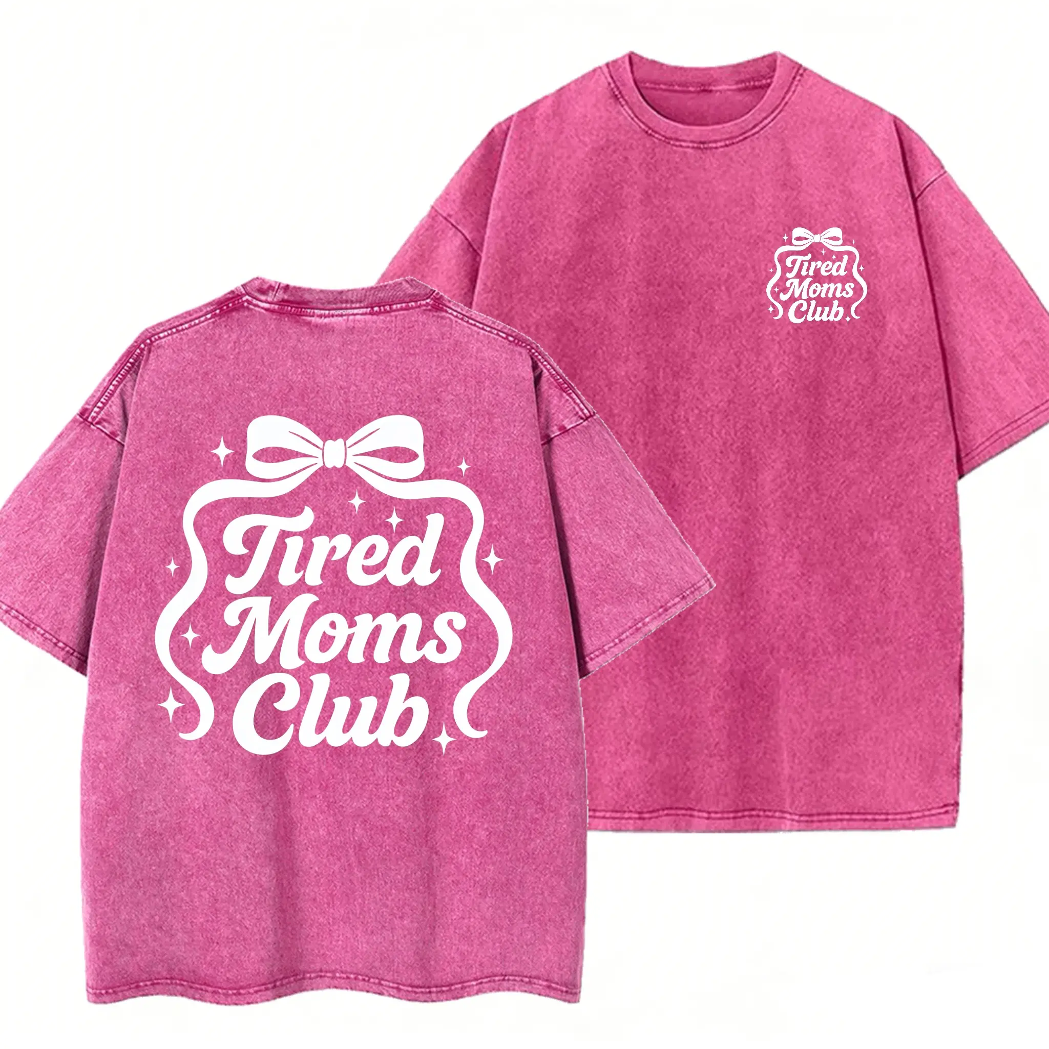 Women's Cute Retro Tired Moms Club Graphic Shirt - Oversized Short-Sleeve Washed Cotton Front & Back Tee, Comfortable Fit Top