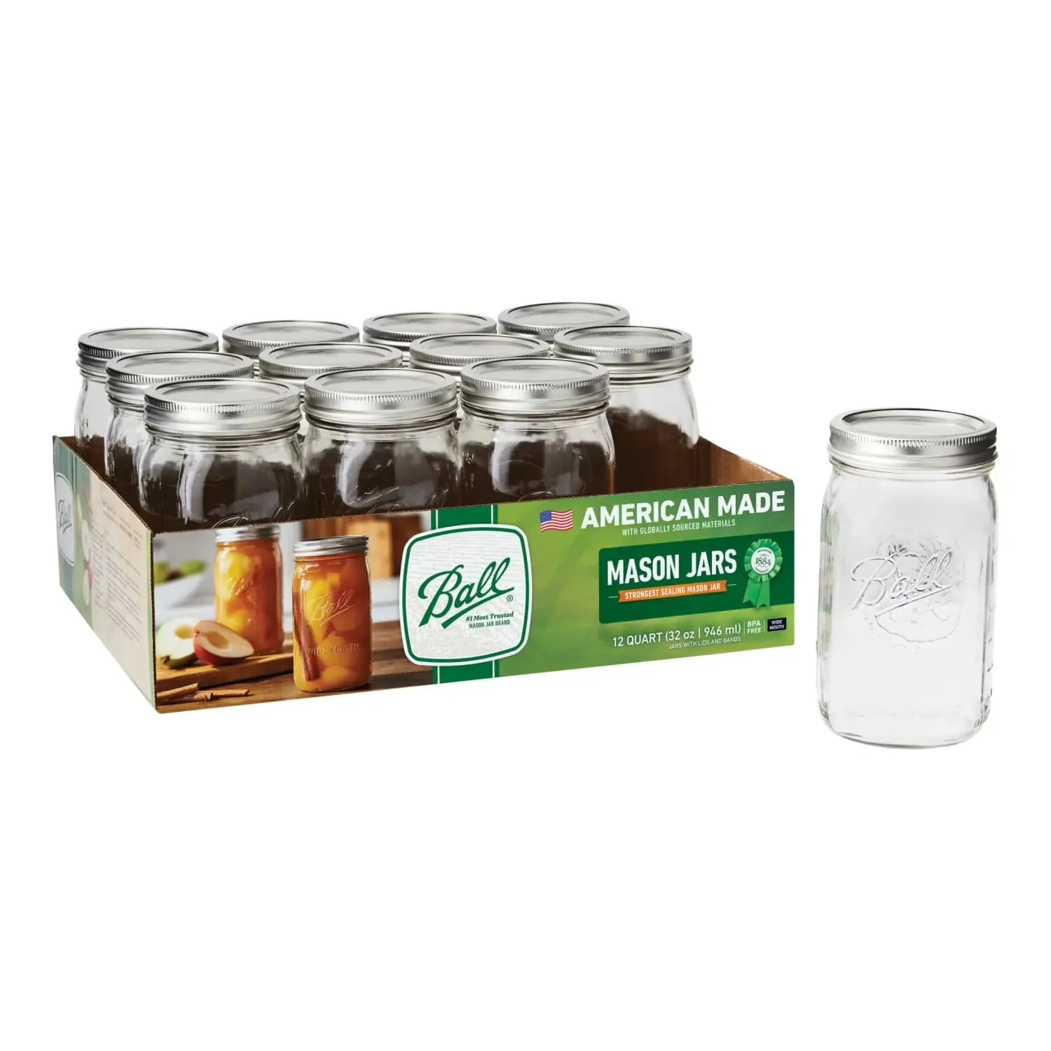 Ball 32oz Wide Mouth Mason Jars 12-Pack | Glass Canning Jars with Lids & Bands for Storage, Fermenting & Crafting