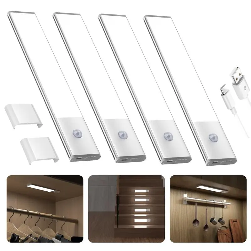 4 Pack Under Cabinet Sticky Lights, LED Motion Sensor Night Lights – USB Rechargeable, Dimmable – for Kitchen, Wardrobe, Stairs, Hallway, Closet & Counter Lighting (Wireless Indoor Use)