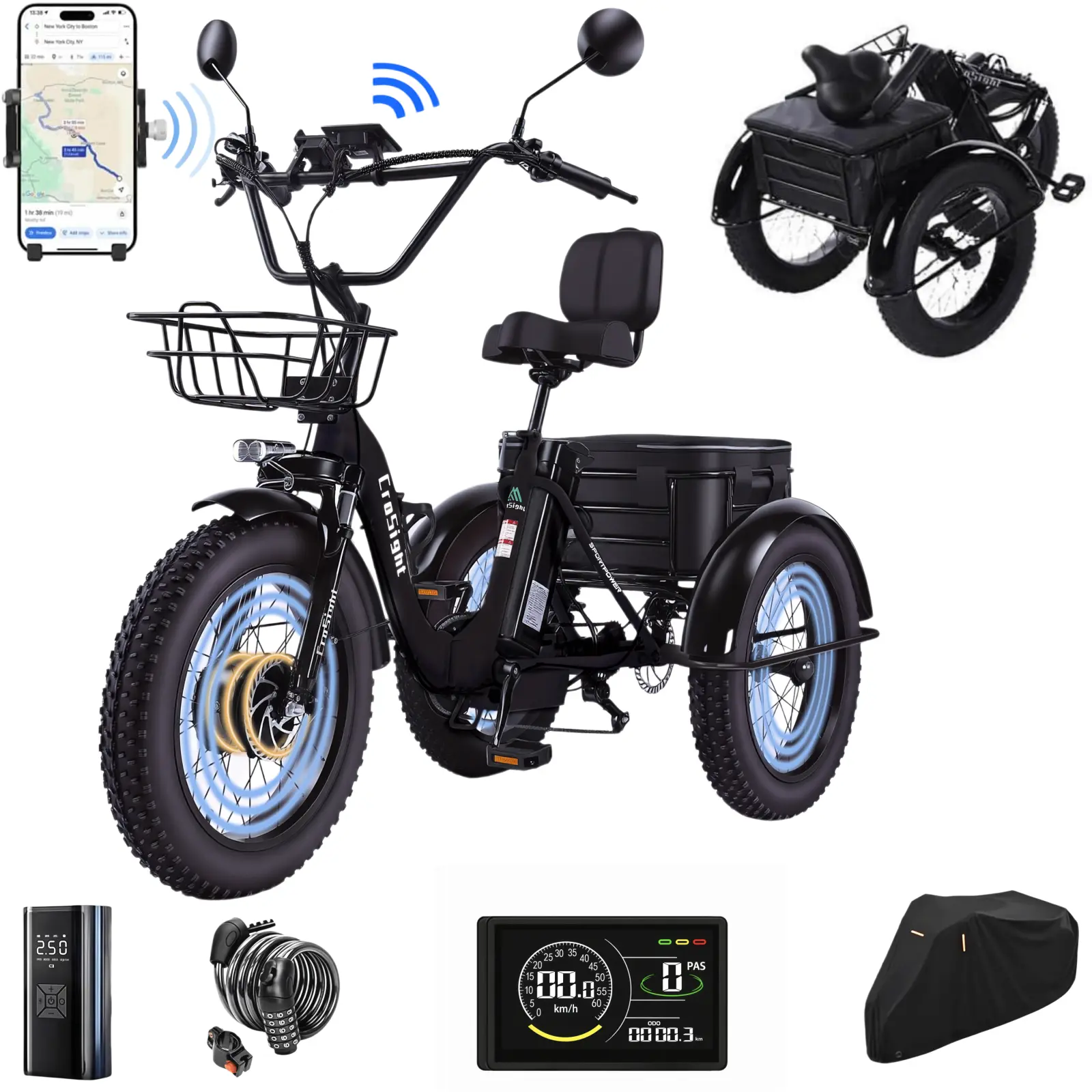CroSight T3 Folding Electric Tricycle for Adults, Peak 1700W 48V, 20x4 Fat Tires, Step-Through, 20Ah Removable Battery,UL 2849, EBike