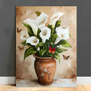 Enchanting Wooden Framed Canvas Poster Charming Mexican Art Canvas with Brown Clay Pot White Calla Lilies & Butterflies for Room Ornaments Decoration Photo Artistic
