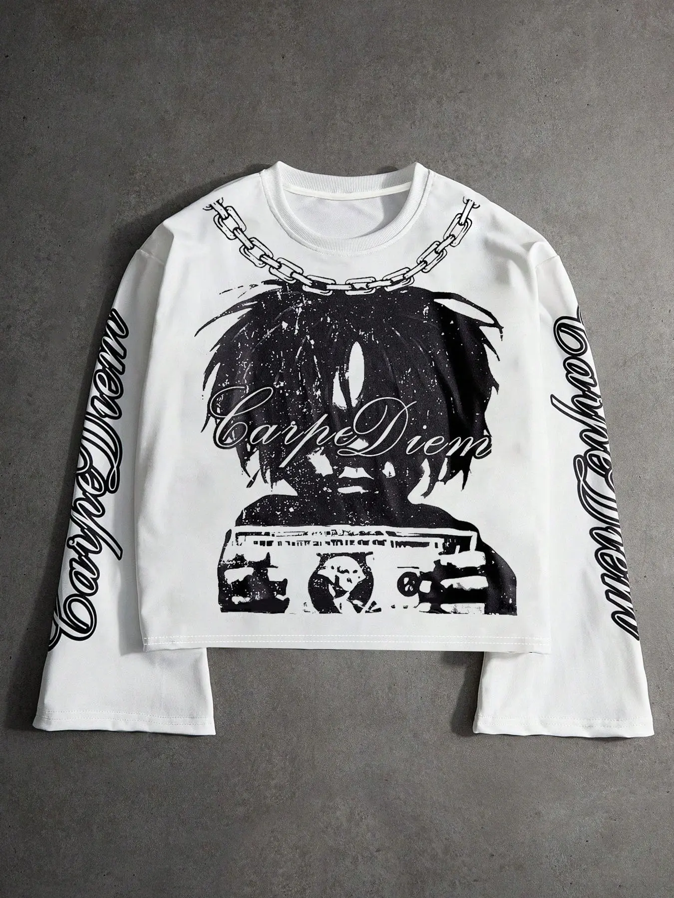 Men's Street Style Streetwear Graffiti Dollar Portrait Print Long Sleeve Menswear T-Shirt, Casual Fashion Plaid Tee for Music Festivals and Nightclubs