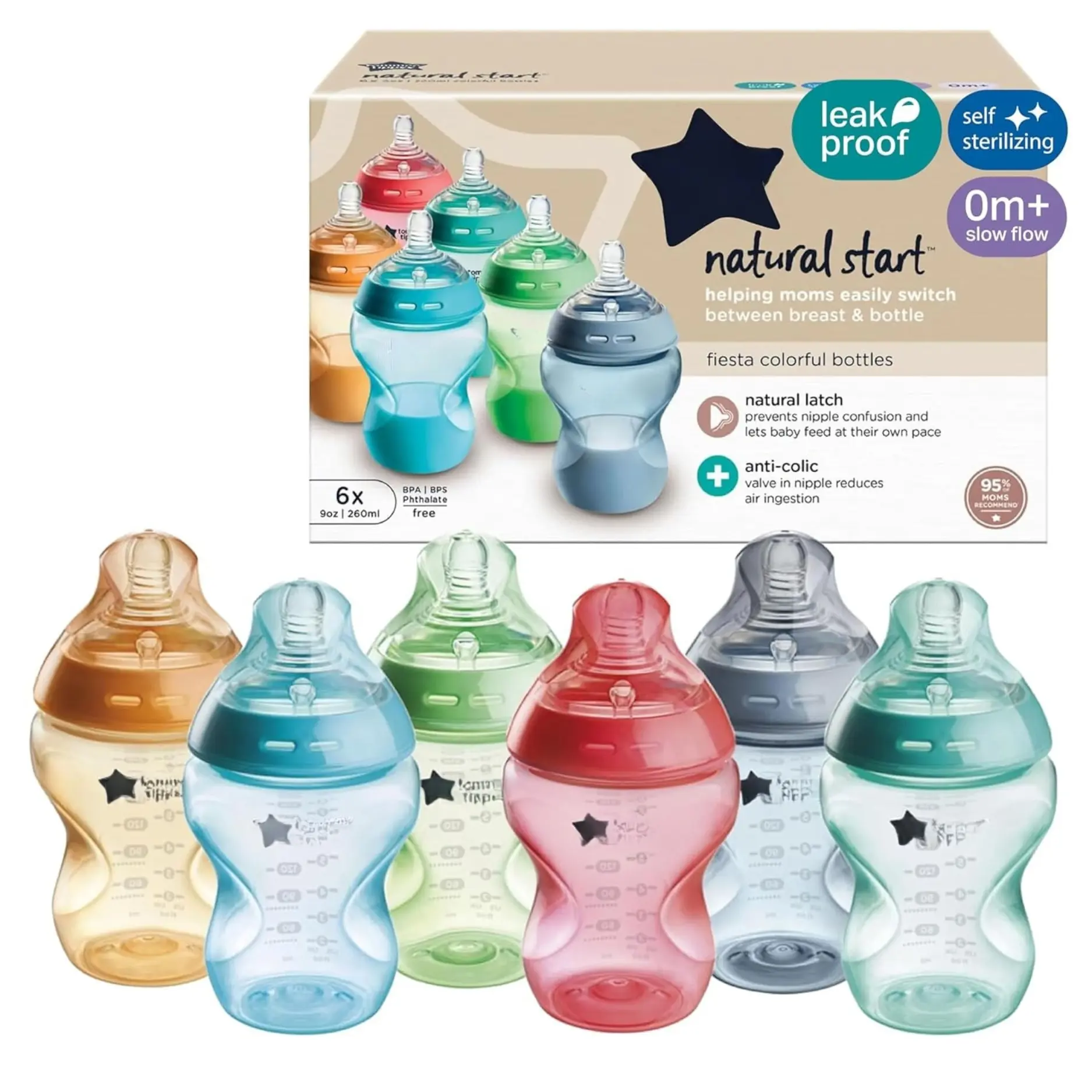 Natural Start Anti-Colic 9 oz BPA Free Baby Bottles, 0+ Months, Slow Flow Breast-Like Nipple, Self Sterilizing, Designed for Seamless Transition Between Bottle & Breast, Fiesta,Pack of 6