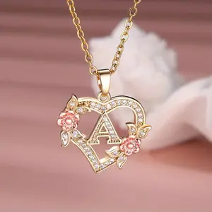 Stylish and simple hollow love flower 26 English letters diamond pendant necklace, suitable for women, elegant, customized with initials hip hop heart necklace rings men high quality rave thrifted casual gift practical christmas party wedding zirconia
