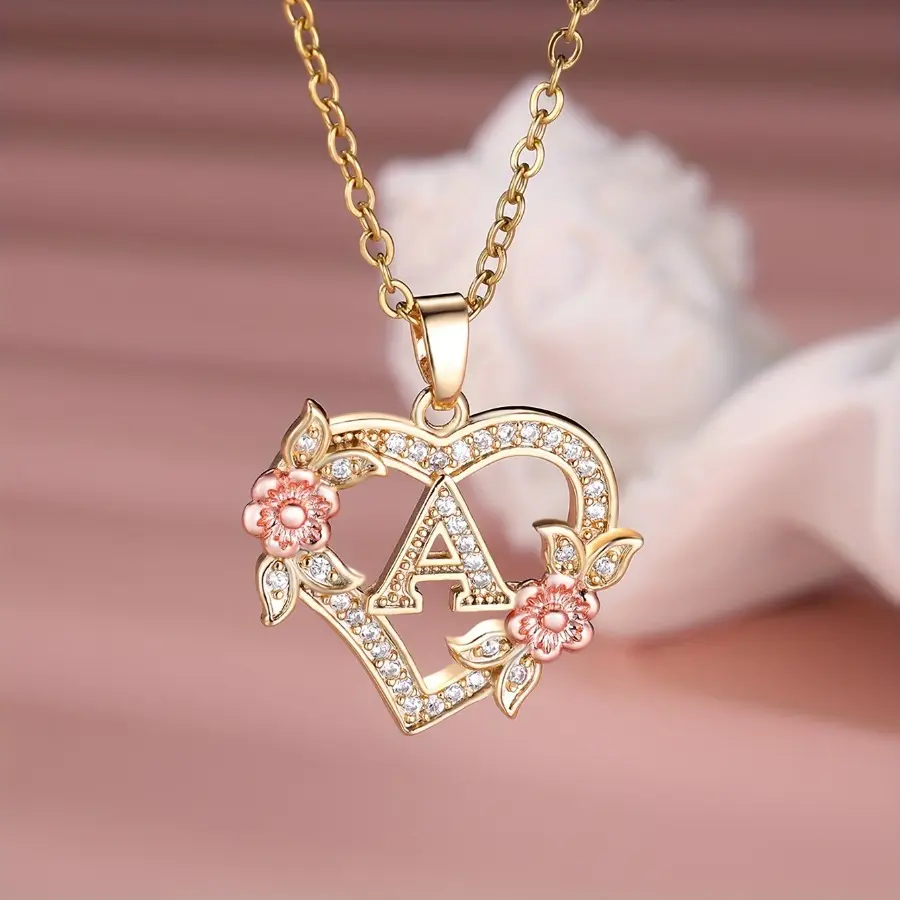 Women's Initial Pendant Necklace, Stylish Hollow Love Flower Design with Cubic Zirconia, 26-Letter Custom Jewelry, Gifts for Girlfriend