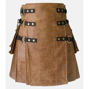 Men's  Stylish Distressed Tan Brown Leather Kilt
