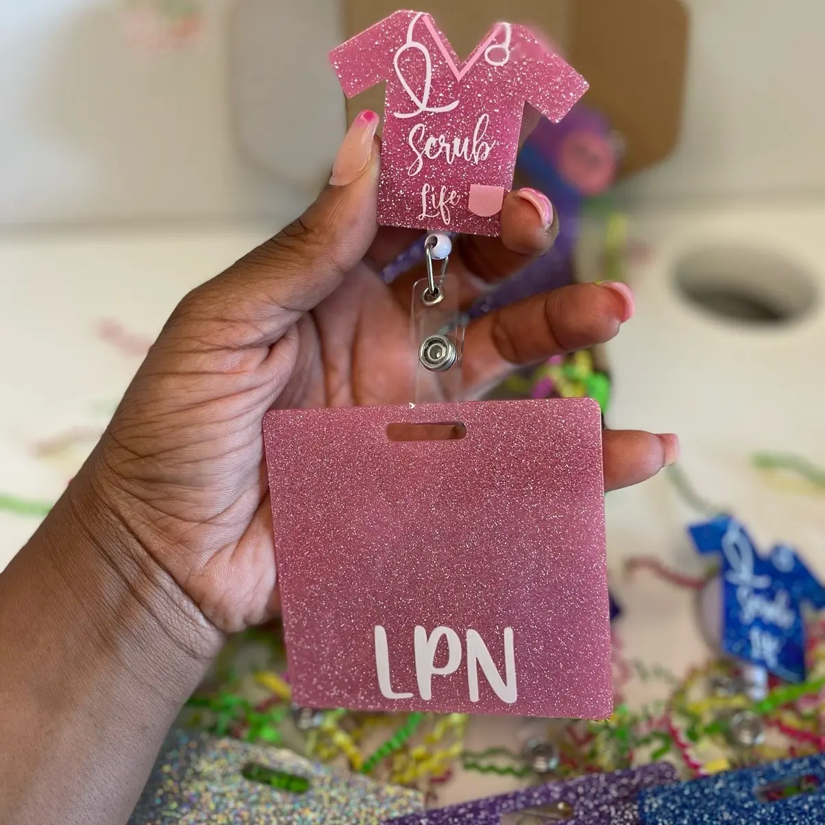 Glitter Acrylic LPN Badge Reel Buddy Set Badge Reel With Badge Buddy Identification Badge Holder For School or Work