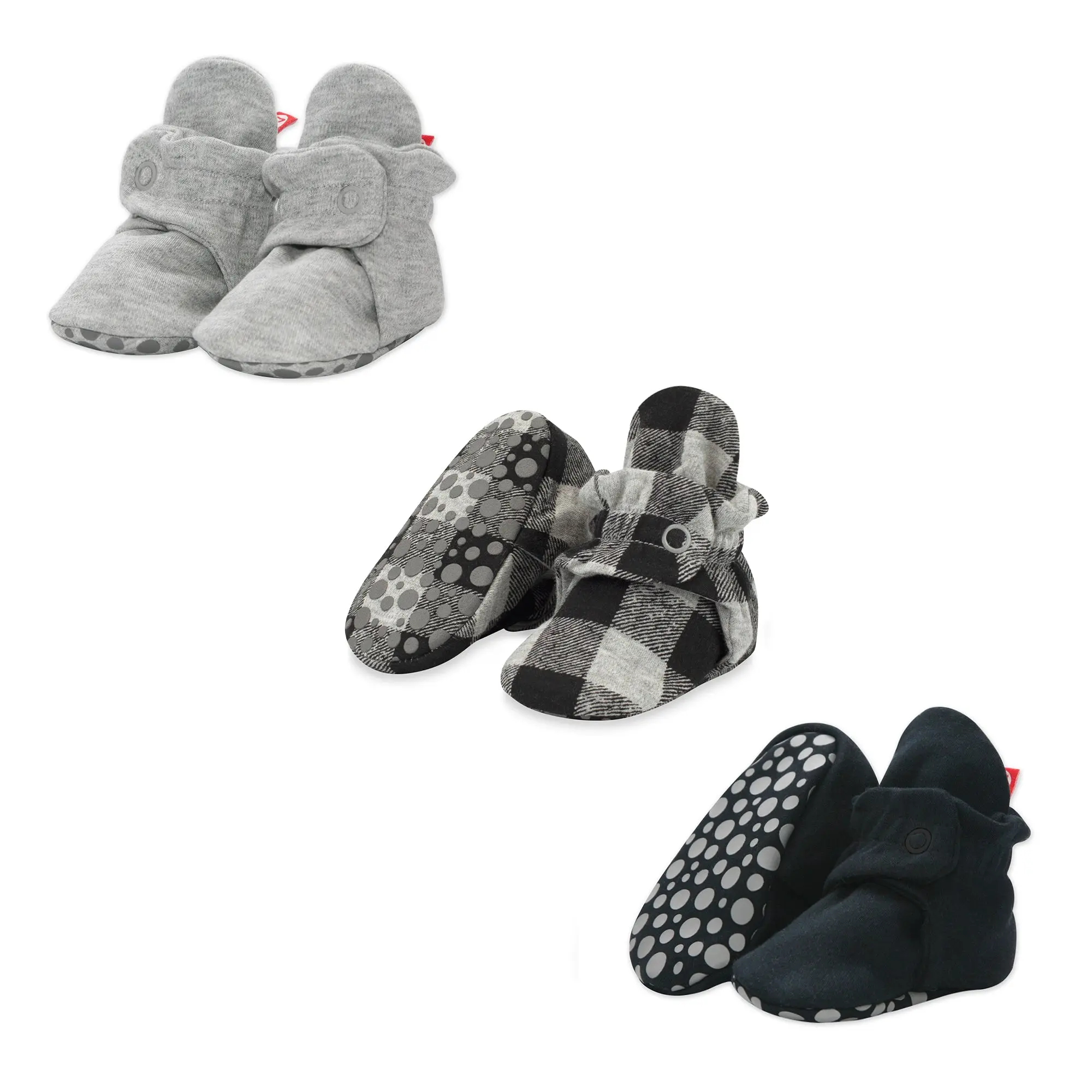Organic Cotton Gripper Baby Booties Variety 3 Pack - Buffalo Check/Heather  Gray/Black