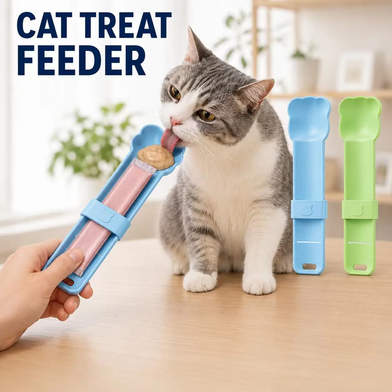 Cat Treat Spoon Squeeze Feeder, Mess-Free Lickable Treat Dispenser for Puree Sticks & Wet Cat Food, Easy-Use Cat Snack Holder for Kittens and Adult Cats, Blue or Green