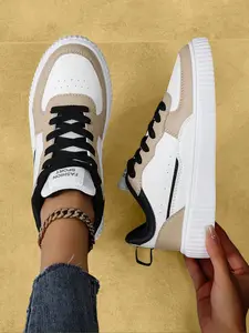 Women's Fashionable Letter Patchwork Design Lace Up Sneakers, Casual Comfortable Breathable Sports Shoes, Athletic Shoes, Female All-match Round Toe Shoes for Daily Wear, Closed, Stylish Sneaker